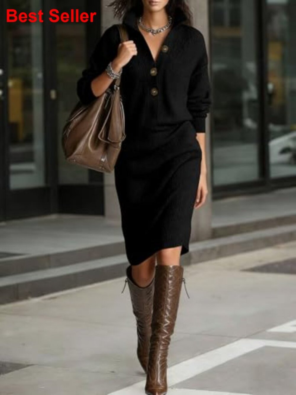 Vintage Ribbed Knit Sweater Dress with Button Polo Collar - Picture 2 of 7